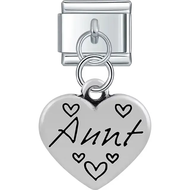 Heart with "Aunt" text heart symbols dangle Italian charm bracelet link