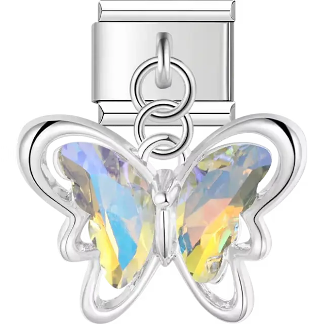 Iridescent crystal butterfly dangle Italian charm bracelet link