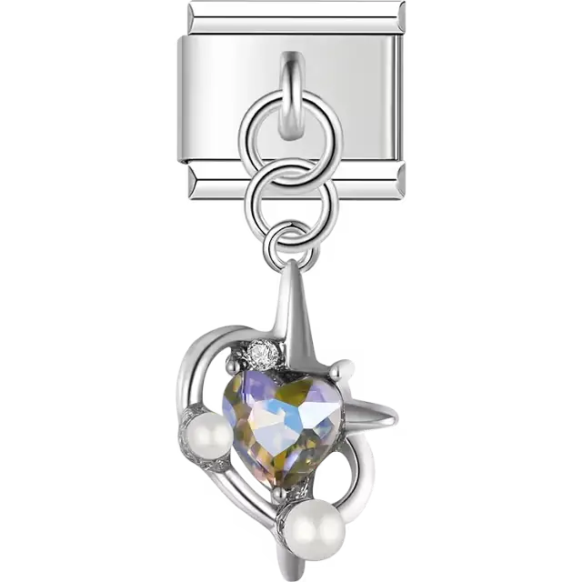 Hollow heart with iridescent faceted stone center and pearl accents with dangling piece Italian charm bracelet link