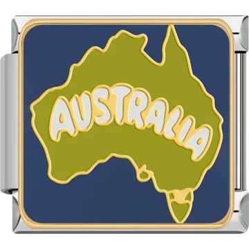 Green map of Australia with white "Australia" text on a blue background Italian charm bracelet link