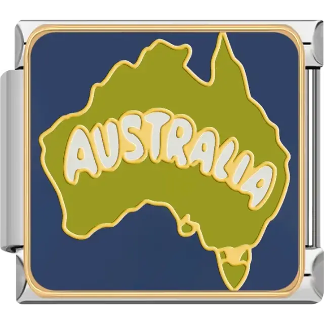 Green map of Australia with white "Australia" text on a blue background Italian charm bracelet link