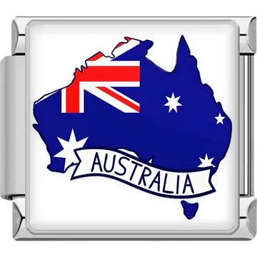 Blue map of Australia Union Jack stars white banner Australia text Australia map flag Italian charm bracelet link