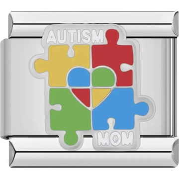 Colorful puzzle piece design with a heart center and "Autism Mom" text Italian charm bracelet link