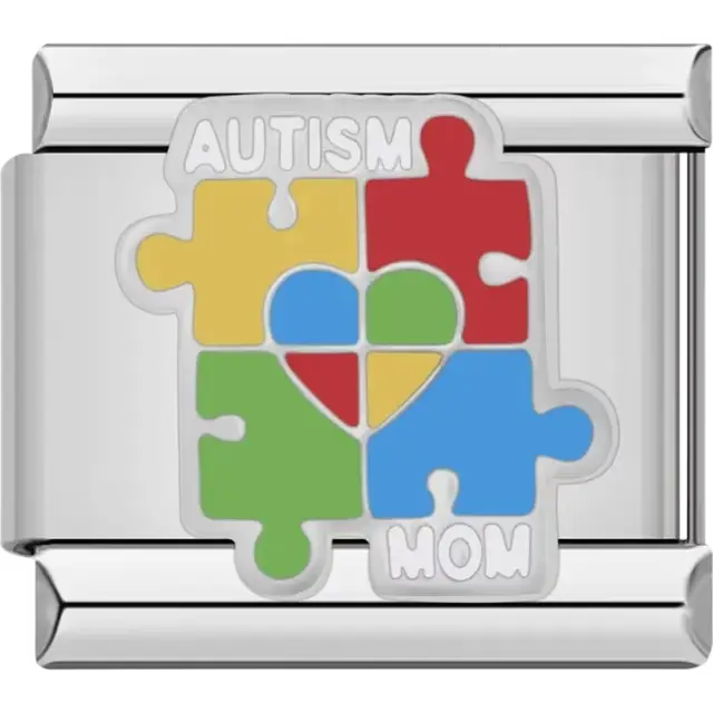 Colorful puzzle piece design with a heart center and "Autism Mom" text Italian charm bracelet link