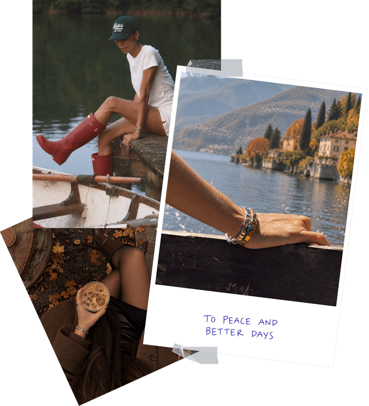 Autumn lifestyle collage featuring silver and gold Italian charm bracelets, lakeside views, red rain boots and iced coffee.