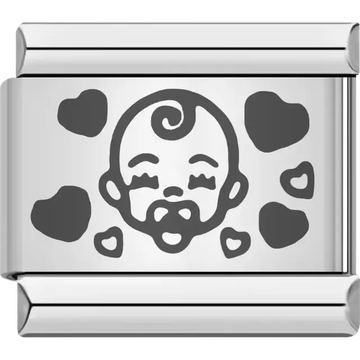 Baby face with pacifier and surrounding hearts Italian charm bracelet link