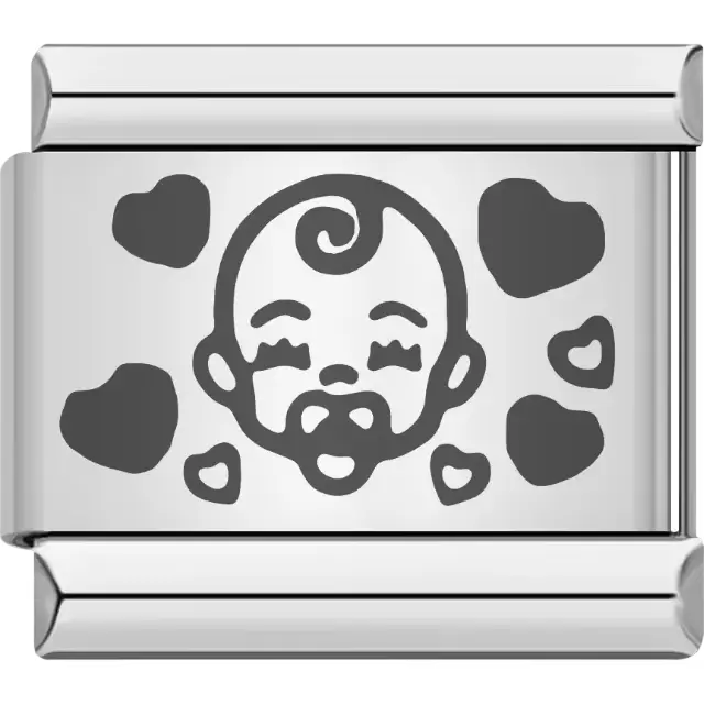 Baby face with pacifier and surrounding hearts Italian charm bracelet link