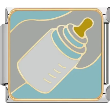 Gray and gold baby bottle with blue and gray background Italian charm bracelet link