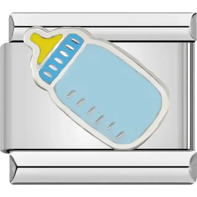 Blue baby bottle with yellow nipple and white details Italian charm bracelet link