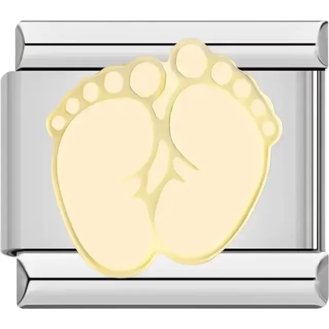 Adorable pale yellow baby footprints design on a stainless steel base Italian charm bracelet link