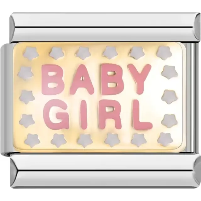 "Baby Girl" text in pink with small silver star details on a gold background Italian charm bracelet link