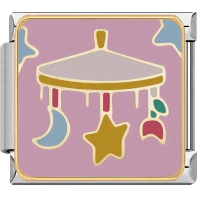 Gold baby mobile with hanging star moon and leaf on pink background Italian charm bracelet link