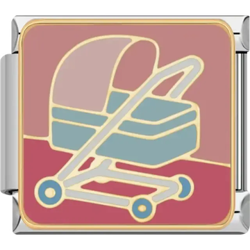 Blue and gold baby stroller with pink and red background Italian charm bracelet link