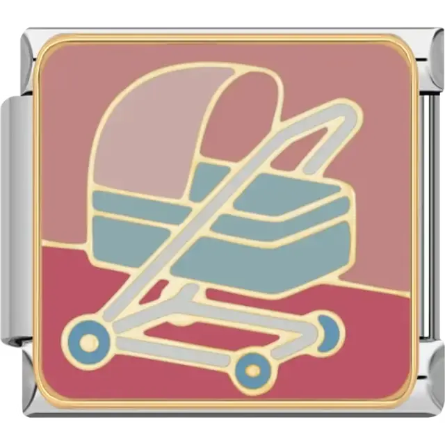 Blue and gold baby stroller with pink and red background Italian charm bracelet link