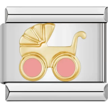 Gold baby stroller design with pink wheels Italian charm bracelet link
