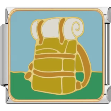 Gold and brown backpack with white rolled blanket on green grass under a light blue sky Italian charm bracelet link