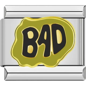 Gold-tone charm with bold black text “BAD” Italian charm bracelet link