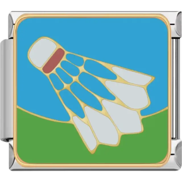 Shuttlecock design featuring white and gold details with a blue and green background Italian charm bracelet link