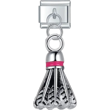 Silver shuttlecock dangle with pink band Italian charm bracelet link