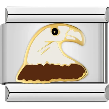 Bald eagle head with white and brown coloring outlined in gold Italian charm bracelet link