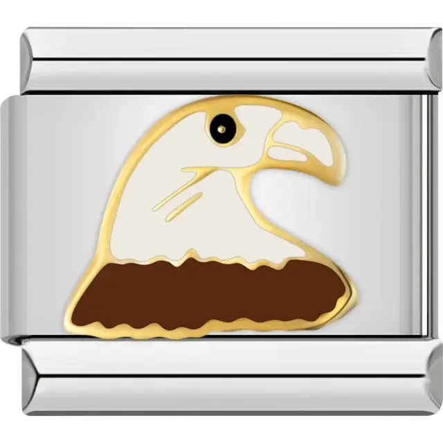 Bald eagle head with white and brown coloring outlined in gold Italian charm bracelet link