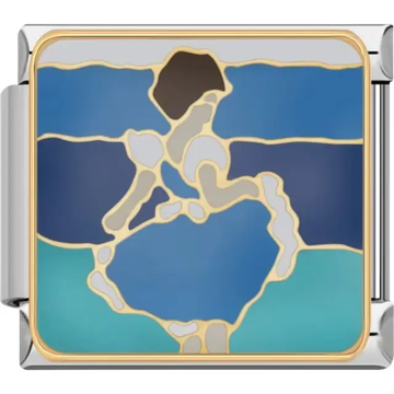 Ballerina in shades of blue with a gold outline and a wave-like background Italian charm bracelet link