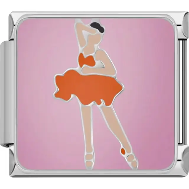 Ballerina with an orange dress and pink background Italian charm bracelet link