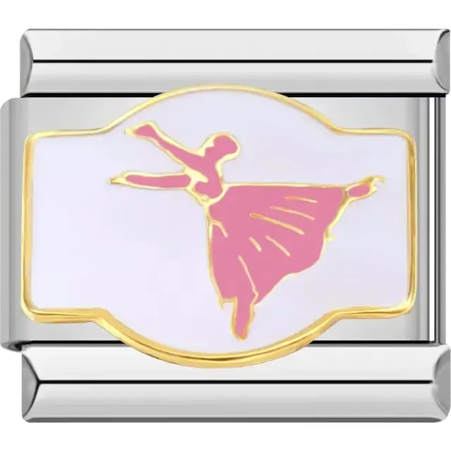Pink ballerina design with gold details on a white backdrop Italian charm bracelet link