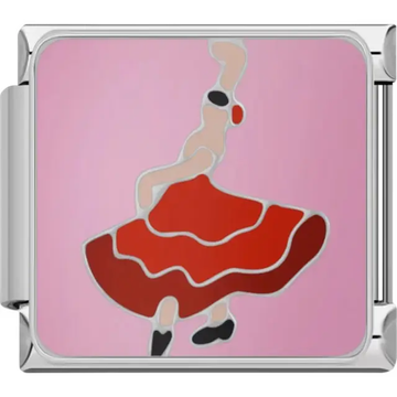 Ballerina with a flowing red dress and pink background Italian charm bracelet link