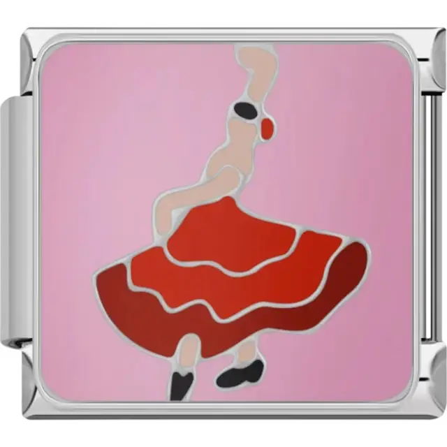 Ballerina with a flowing red dress and pink background Italian charm bracelet link