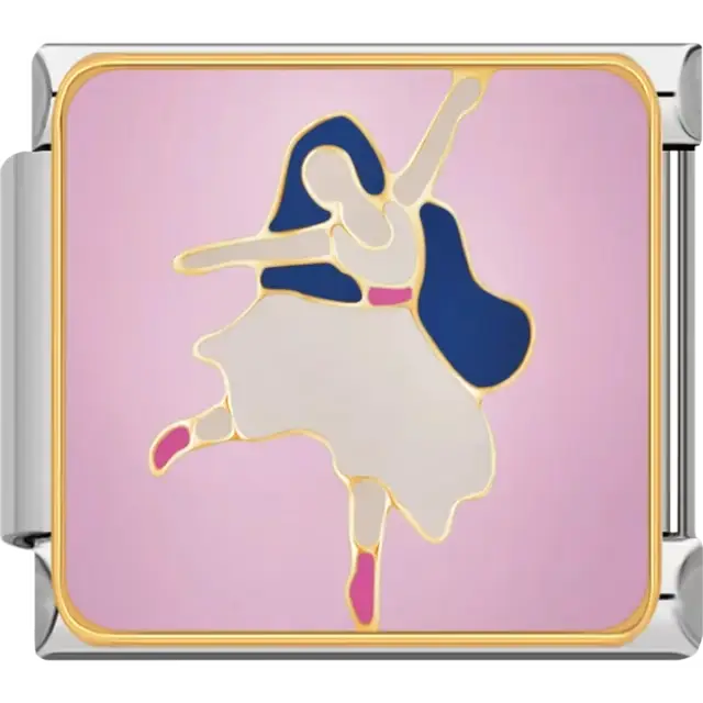 Ballerina in a white dress with pink shoes and blue hair on a pink background Italian charm bracelet link