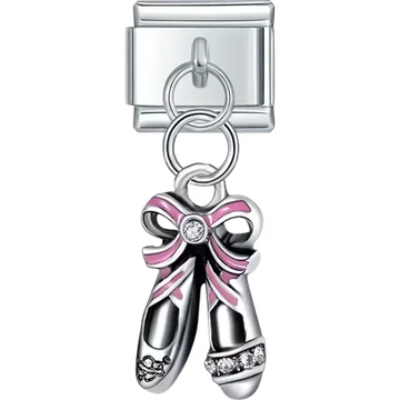 Ballet shoes with pink bow and gem accents dangle design Italian charm bracelet link
