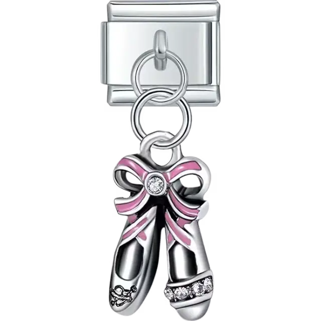 Ballet shoes with pink bow and gem accents dangle design Italian charm bracelet link