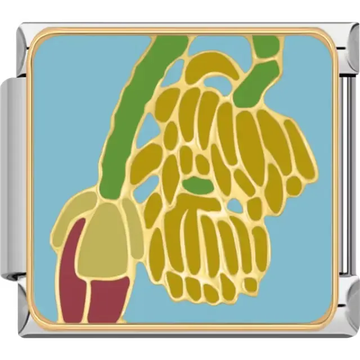 Hanging yellow bananas with green stem and maroon flower bud on blue background Italian charm bracelet link
