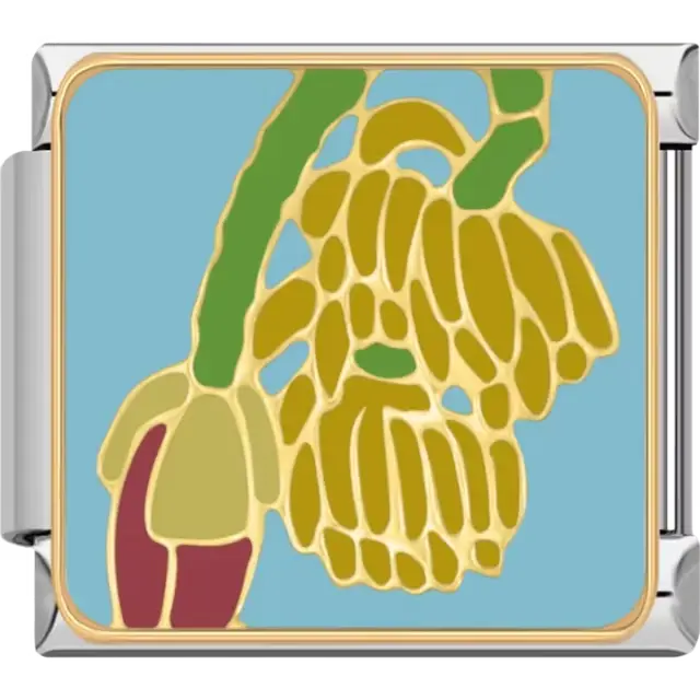 Hanging yellow bananas with green stem and maroon flower bud on blue background Italian charm bracelet link