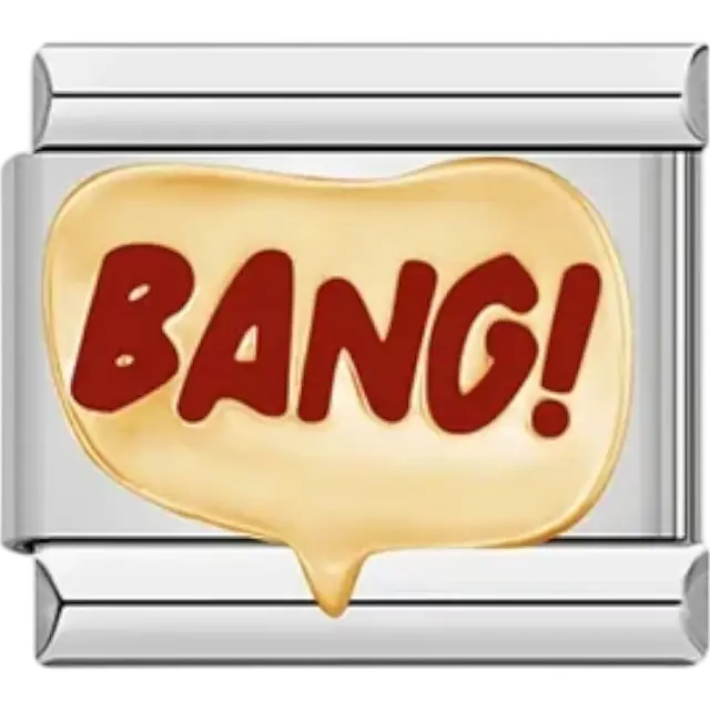 Gold "BANG!" text in a speech bubble design Italian charm bracelet link