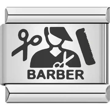 Black barber figure with scissors and comb above bold "BARBER" text Italian charm bracelet link