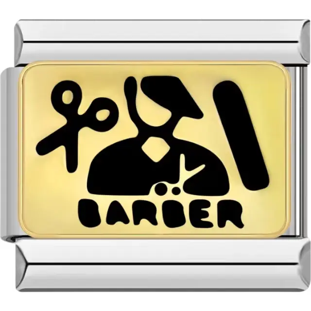 "BARBER" text with scissors and barber tools design on a gold background Italian charm bracelet link