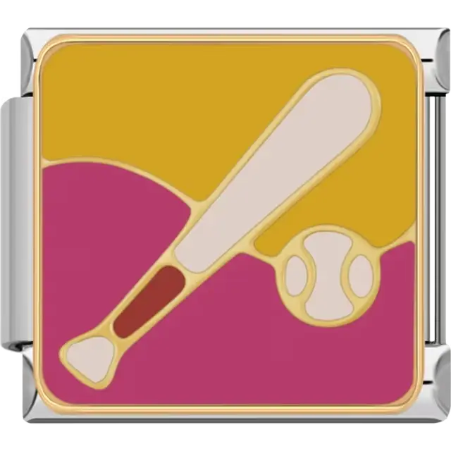Gold baseball bat and ball on a pink and orange background Italian charm bracelet link
