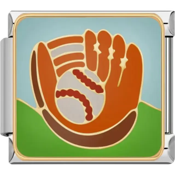 Baseball glove and ball design with a green and blue background Italian charm bracelet link