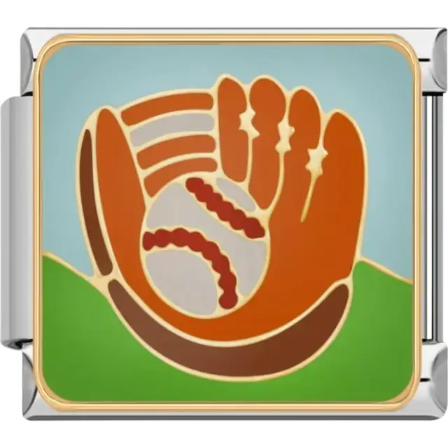 Baseball glove and ball design with a green and blue background Italian charm bracelet link