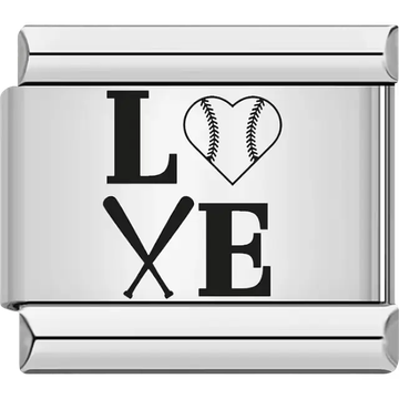 LOVE text with baseball heart symbol and crossed bats Italian charm bracelet link