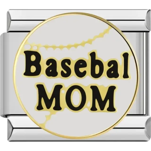 Circular charm with “Baseball Mom” text and stitched baseball pattern Italian charm bracelet link