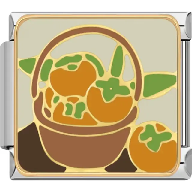 Brown basket filled with orange persimmons green leaves and gold outlines on beige background Italian charm bracelet link