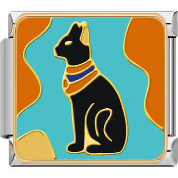 Black Bastet cat with gold outline and orange, blue, and gold collar on a turquoise background with flowing gold and orange accents representing protection and grace in ancient Egyptian mythology Italian charm bracelet link