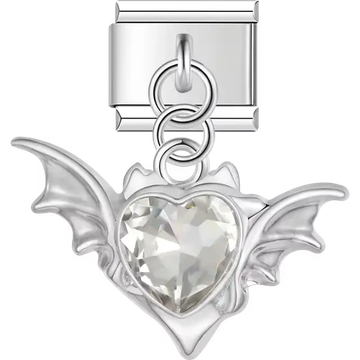 Bat wings with clear crystal heart dangle Italian charm bracelet link