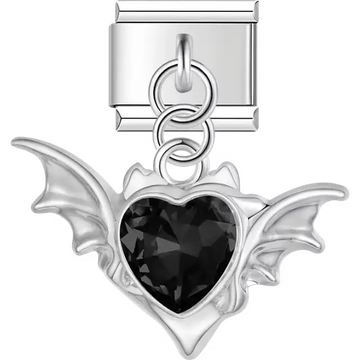 Bat with black crystal heart dangle Italian charm bracelet link