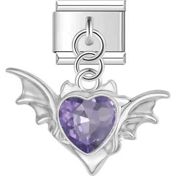 Bat wings with purple crystal heart dangle Italian charm bracelet link