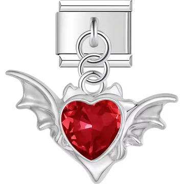 Bat wings with red crystal heart dangle Italian charm bracelet link