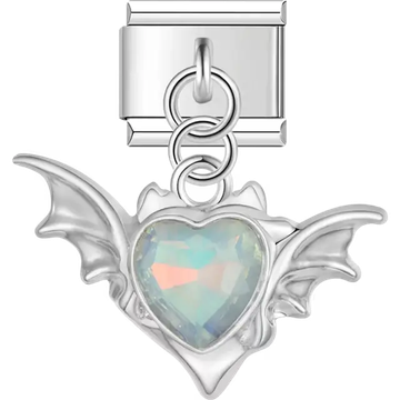Bat wings with iridescent crystal heart dangle Italian charm bracelet link